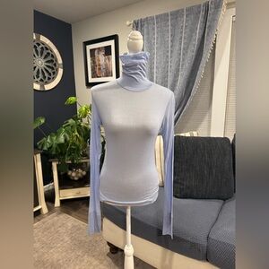Marcella Blue Thumb-Sleeve Turtleneck Top (Size Small)